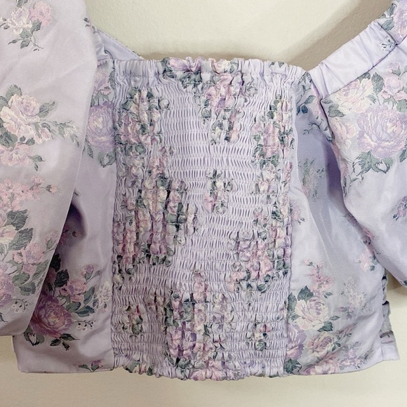 New Express Floral Puff Sleeve Ruched Cropped Top in pale lavender size M - Picture 5 of 13